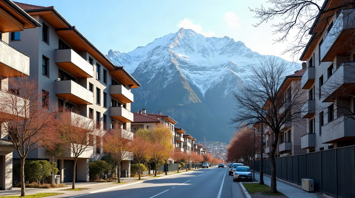 Rue residentielle a Escaldes-Engordany, Andorre, avec les Pyrenees enneigees en arriere-plan