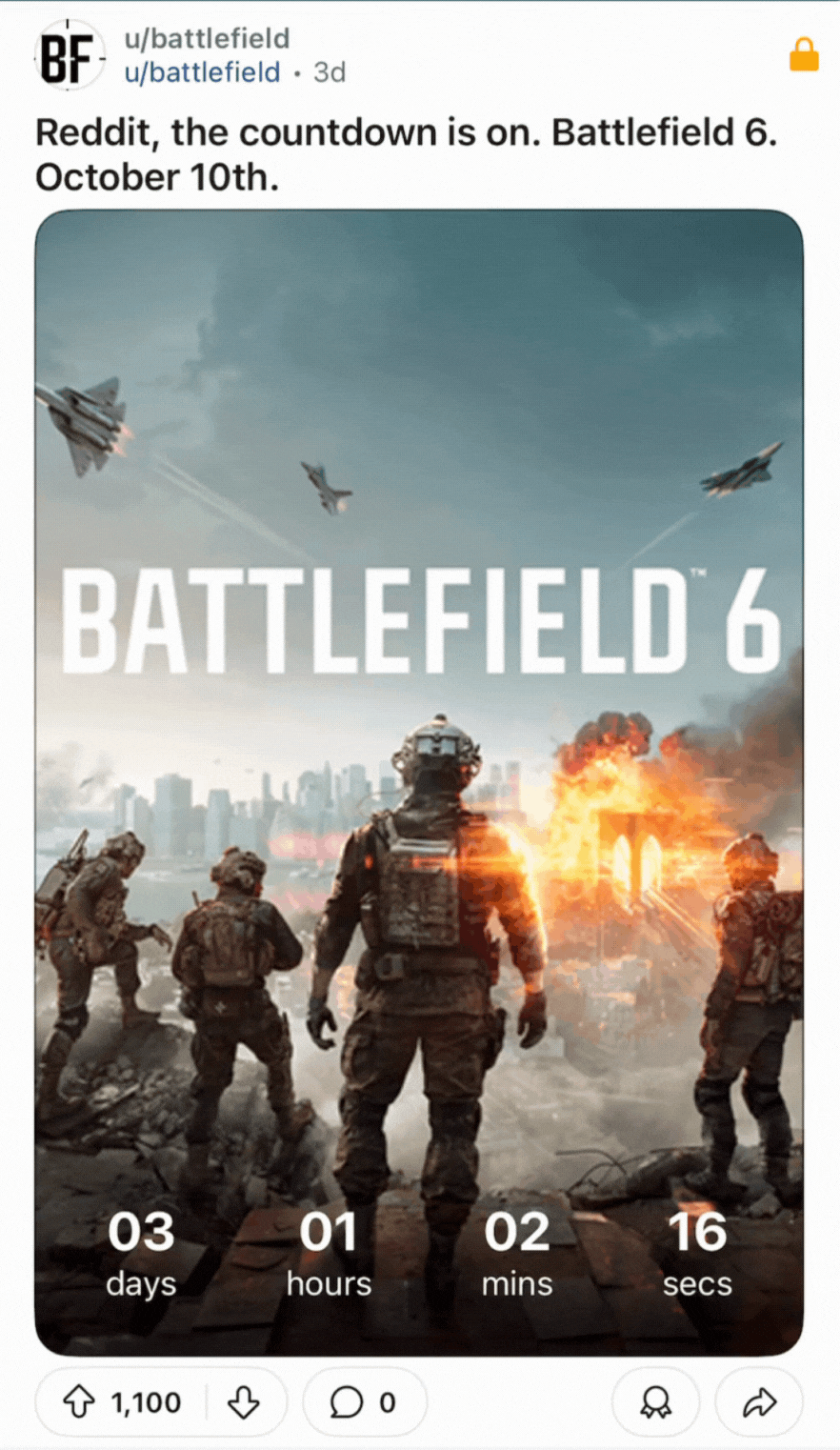 Countdown zum Spielstart von EA in einer Ad, © Reddit, Battlefield 6 Visual, GIF