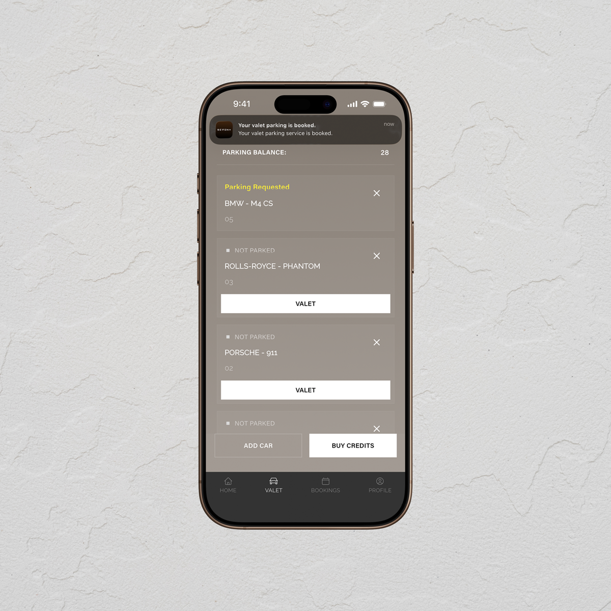 Seven+ app valet parking screen with vehicle management