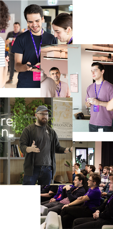 Grid of photos from previous meetups, people talking and listening to the speakers