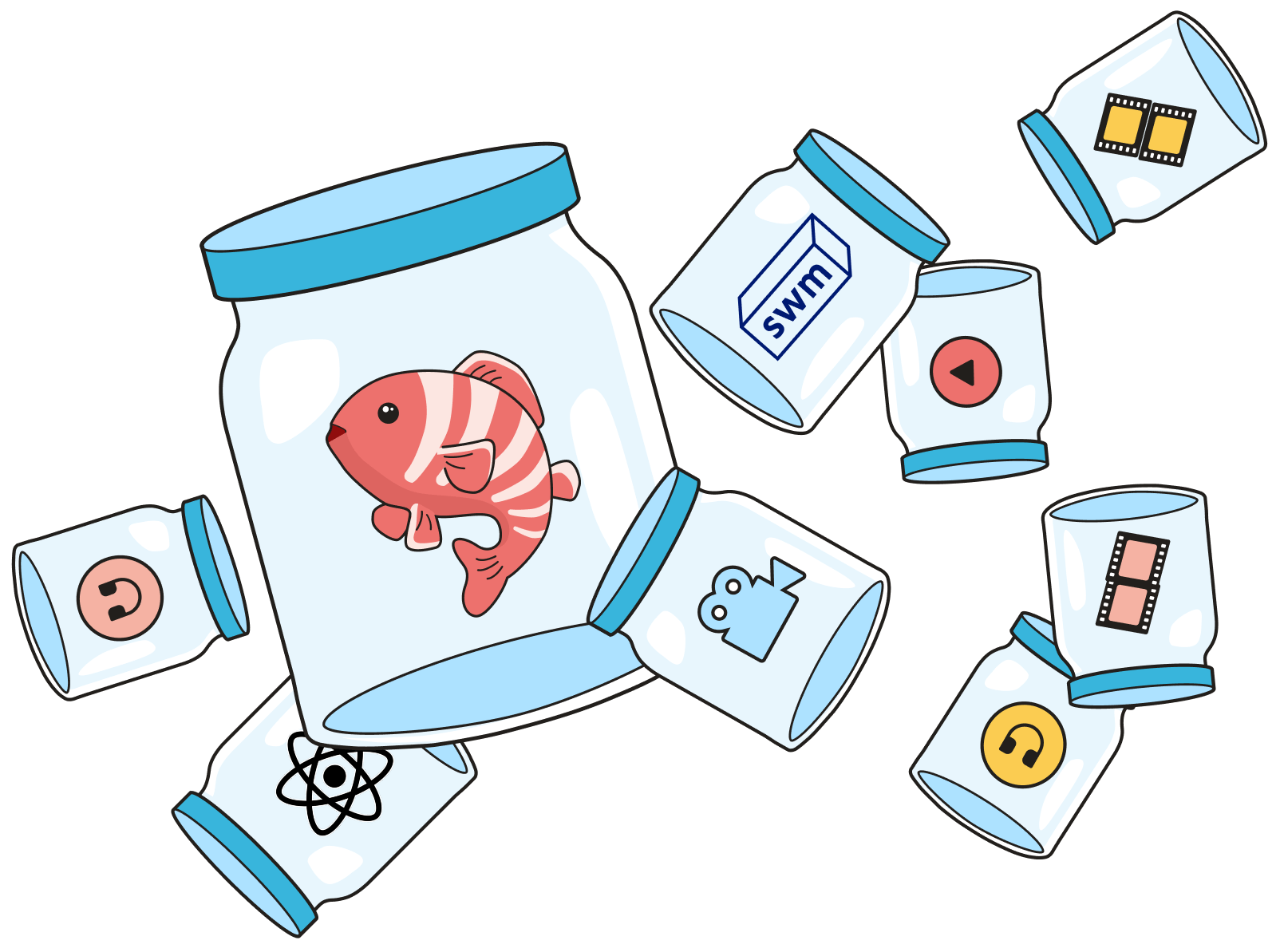 Fishjam brand illustration of jars with fishes, Software Mansion logo, video icons