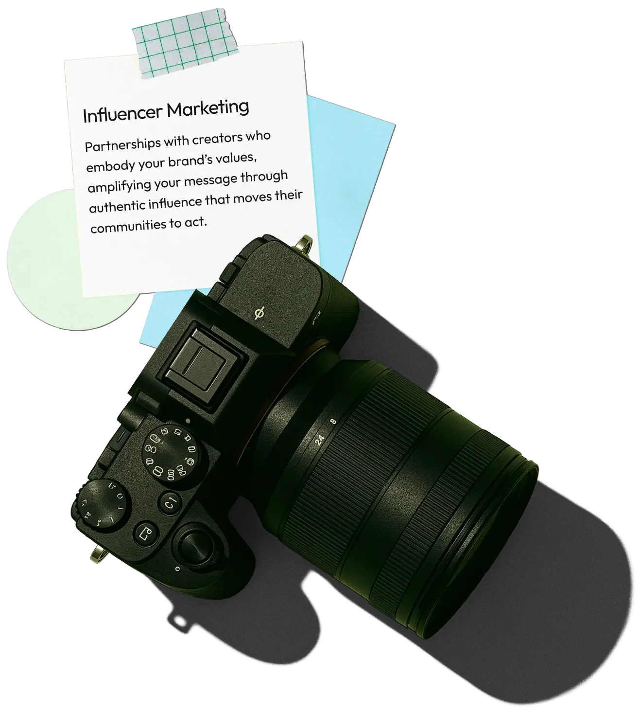 Forleap Marketing. Black DSLR camera with a note about influencer marketing taped above it.