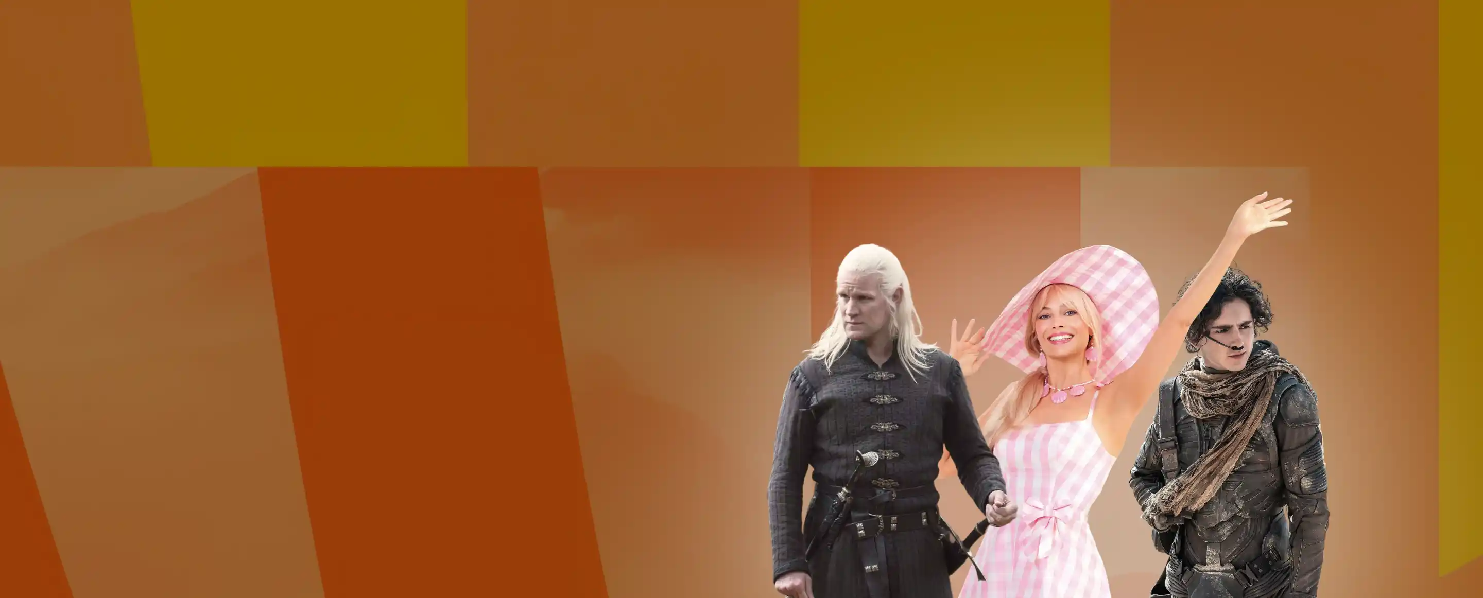 Three characters from fantasy and sci-fi genres: a man with long white hair in dark medieval attire, a smiling woman in a pink gingham dress and large matching hat waving, and a man in futuristic armor with a scarf.