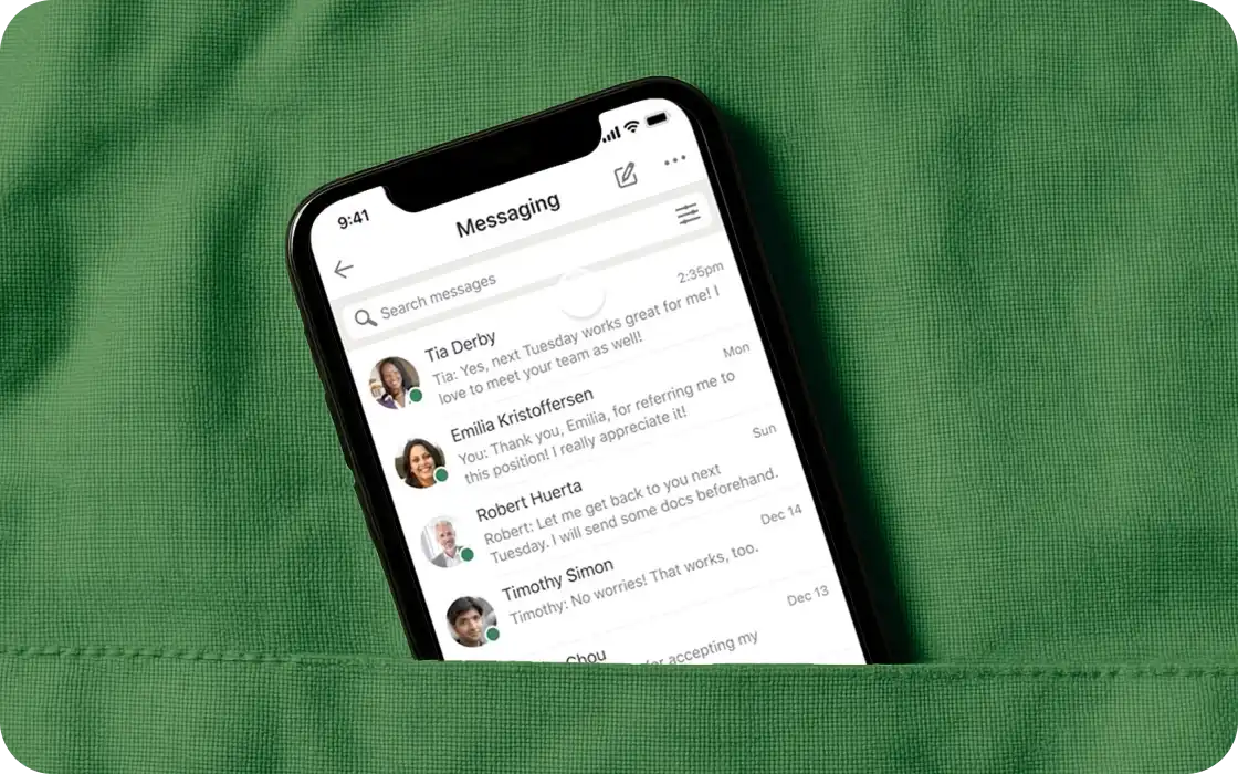 Forleap Marketing. Smartphone displaying a messaging app with recent conversations partially inside a green fabric pocket.