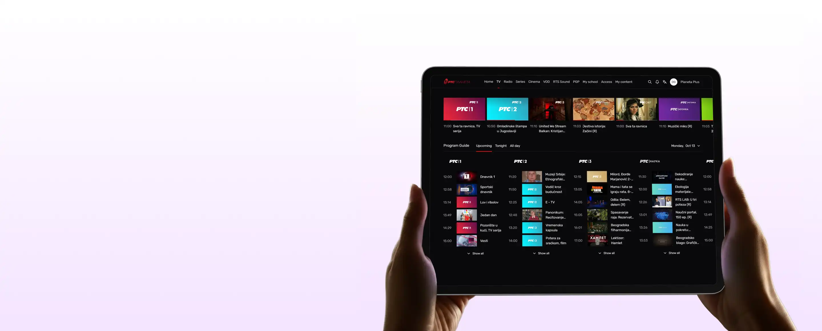 Forleap Marketing. RTS Planeta cover. Two hands holding a tablet displaying a TV program guide with multiple channels and show listings.