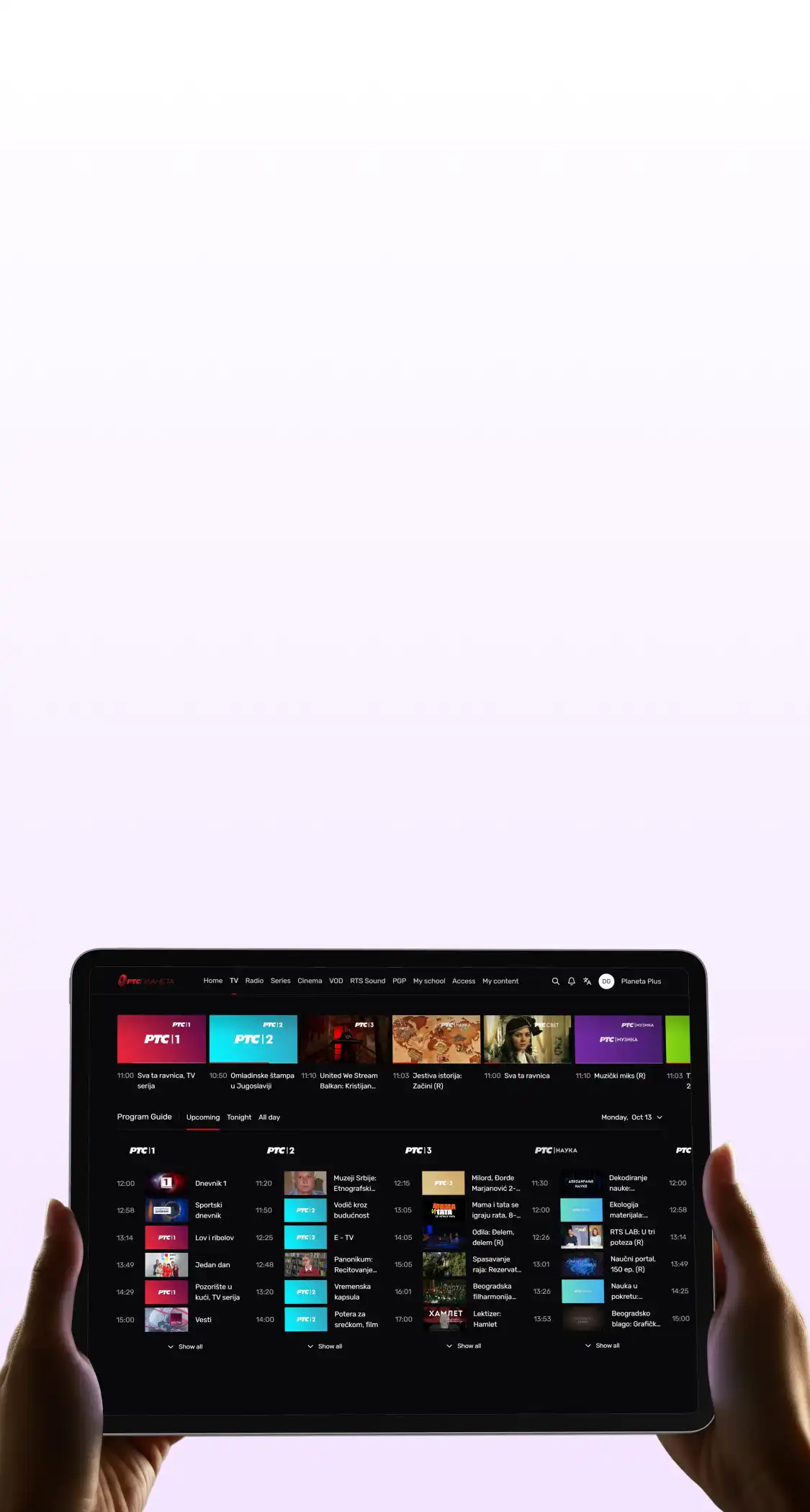 Forleap Marketing. RTS Planeta cover hero image case study. Person holding a tablet displaying a TV program guide interface with multiple channels and show listings.