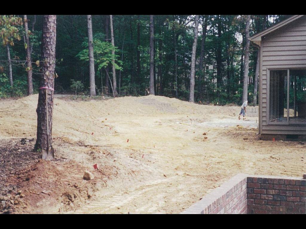 Cleared backyard with dirt and small red flags, a person working near a house with siding, and a forested area in the background.