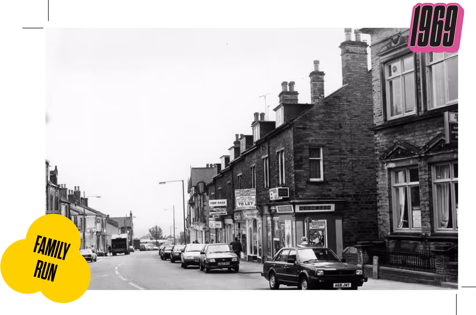 A photograph of a street in pudsey, with the sticker 'Family Run' over the top