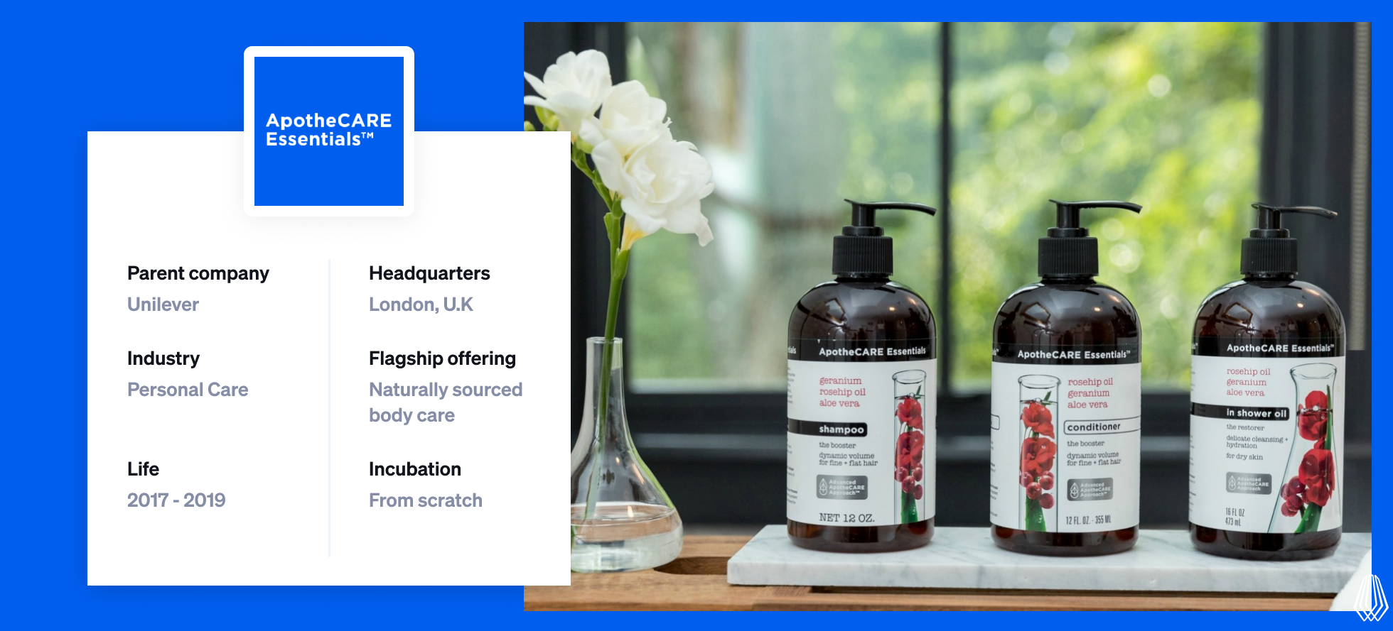 ApotheCARE Essentials venture summary showing Unilever as parent company, based in London, offering naturally sourced personal care products, active 2017–2019, built in-house. Image includes shampoo, conditioner, and body wash bottles on a bathroom counter.