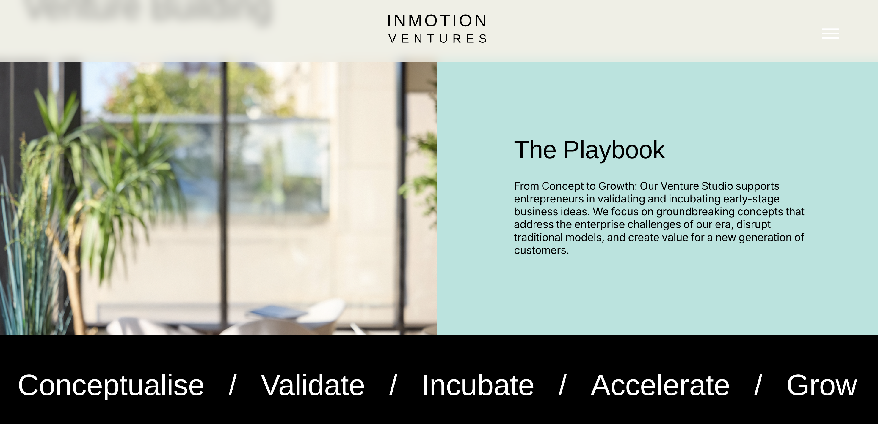 InMotion Ventures venture studio playbook by Jaguar Land Rover highlighting startup phases: Conceptualise, Validate, Incubate, Accelerate, Grow.
