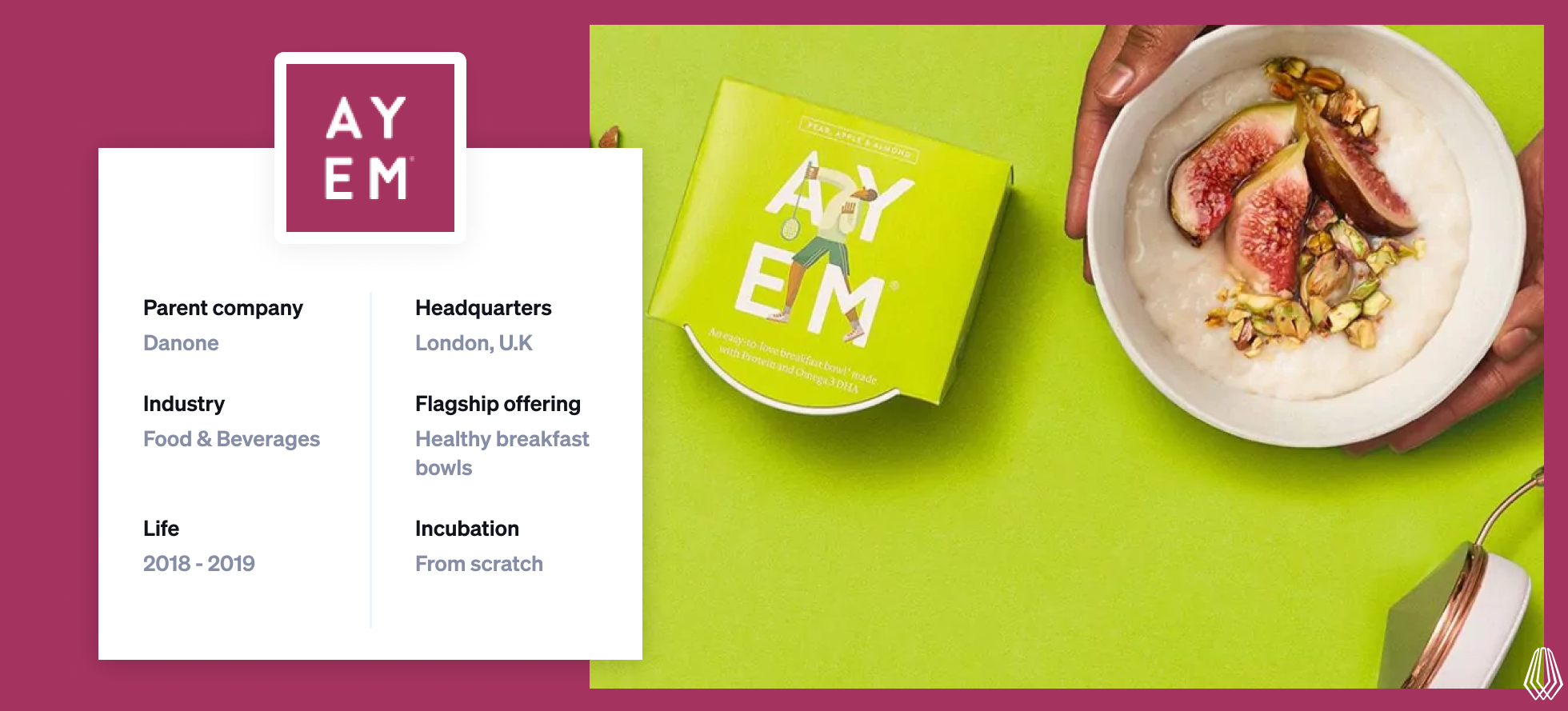 Ayem by Danone product display, a high-protein breakfast venture launched through Danone’s internal accelerator, later discontinued—highlighting lessons from corporate startup failures.