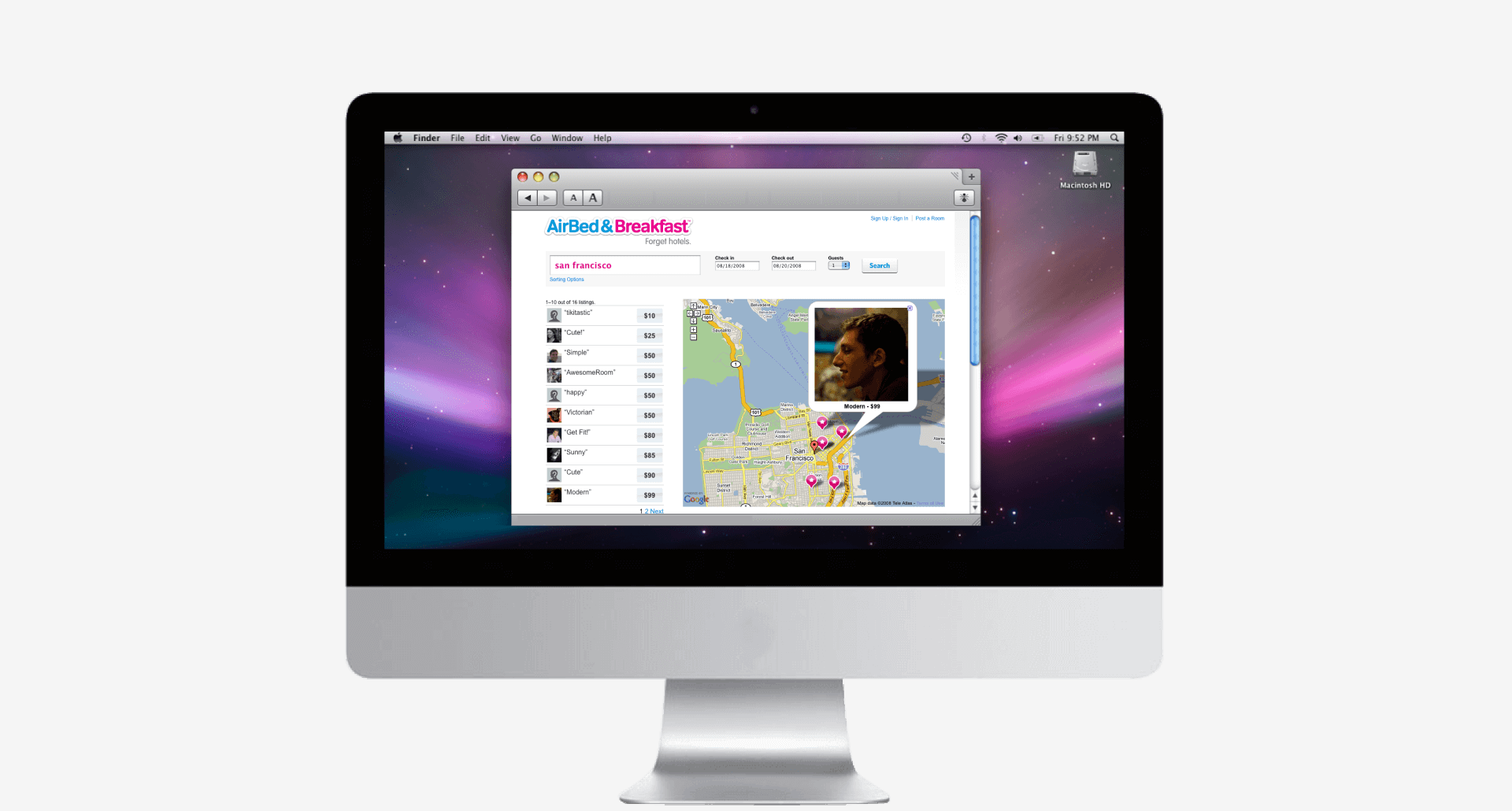 A screen with the original Airbnb webpage open on it