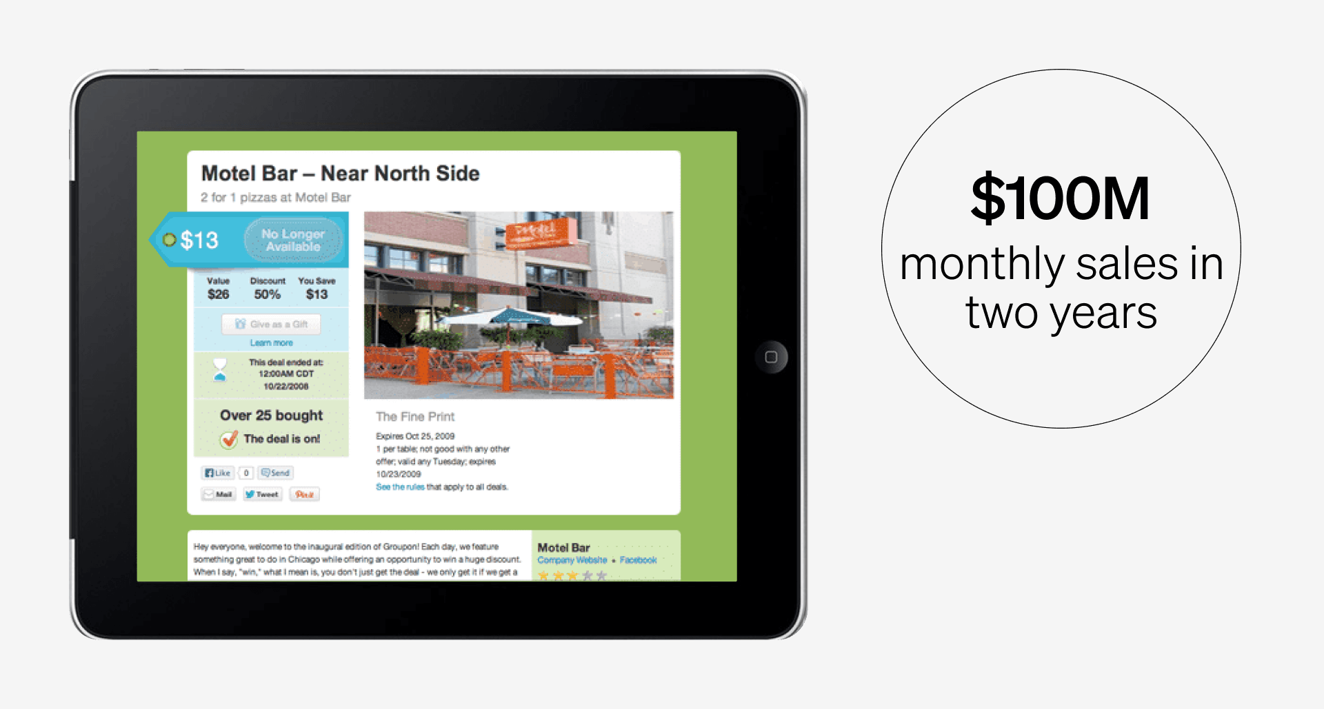 Tablet with Groupon page open and showing a deal or discount available
