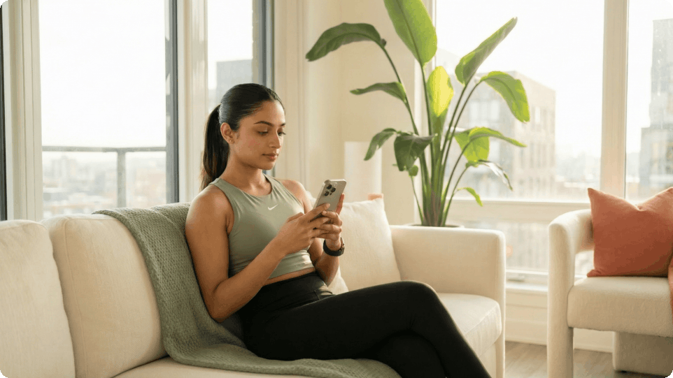 "Animated customer journey showing woman progressing from digital discovery on Nike app, to expert chat consultation, to in-store shoe try-on, to order confirmation demonstrating seamless channel-agnostic experience