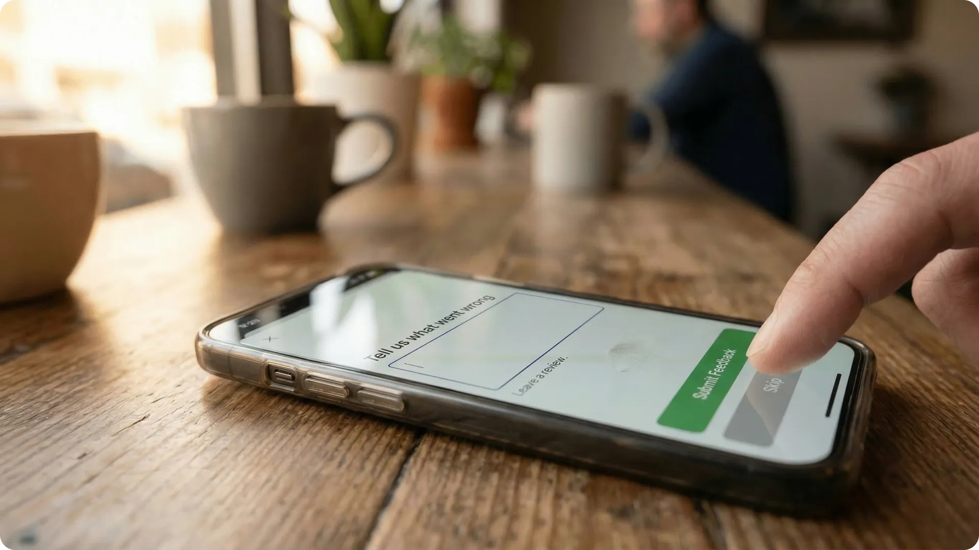 Close-up of hand about to press skip button on customer feedback form, choosing to leave without providing feedback