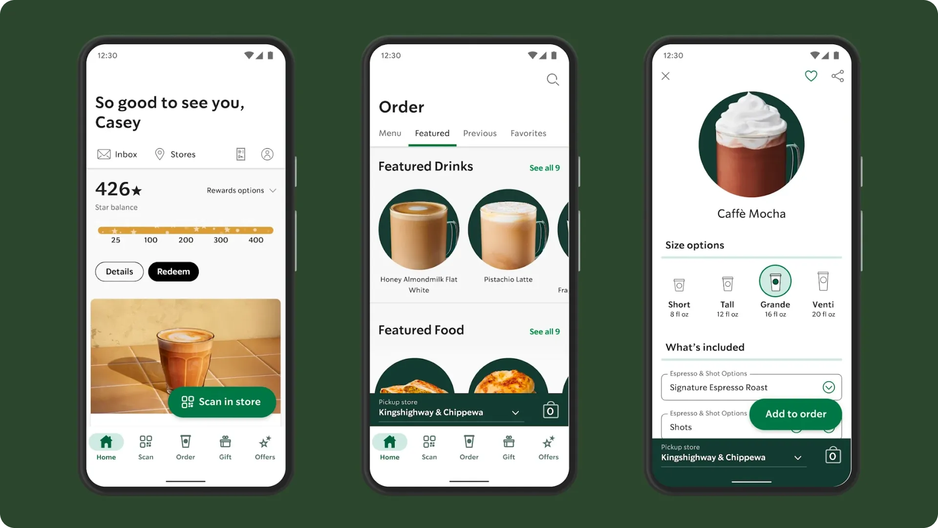 Starbucks mobile app interface showing personalized recommendations, location-based offers, and loyalty rewards demonstrating post-purchase engagement and retention strategy