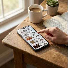Smartphone displaying AI personal assistant showing contradictory morning recommendations including luxury skincare, budget groceries, sustainable clothing, and indulgent treats on wooden table with coffee and journal