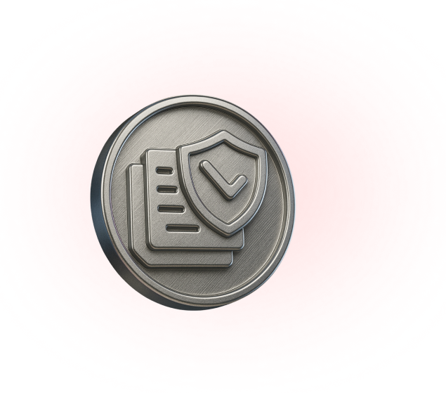 Metallic coin featuring a shield and document with checkmarks, symbolizing risk management, fraud screening, and compliance in financial systems
