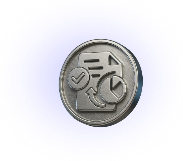 Metallic coin featuring a document with checkmarks, arrows, and refresh icons, symbolizing automated reconciliation and reporting in financial systems.