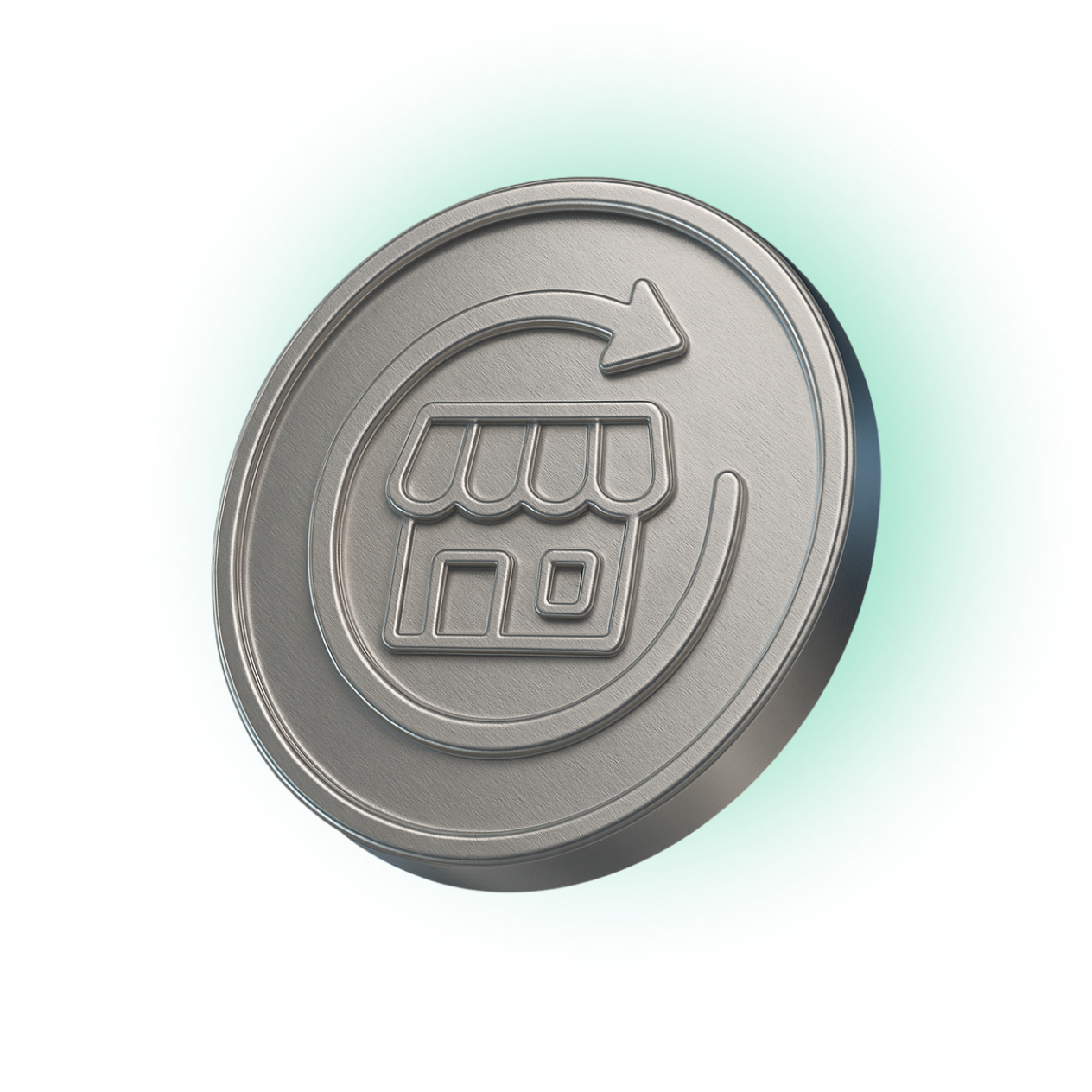 Metallic coin featuring a storefront with a circular arrow, symbolizing business growth, market expansion, and ongoing partnerships.