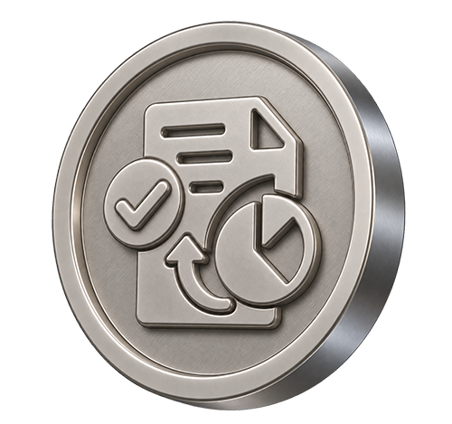 Metallic coin featuring a document with checkmarks, arrows, and refresh icons, symbolizing automated reconciliation and reporting in financial systems.