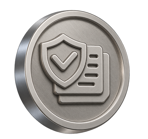 Metallic coin featuring a shield and document with checkmarks, symbolizing risk management, fraud screening, and compliance in financial systems