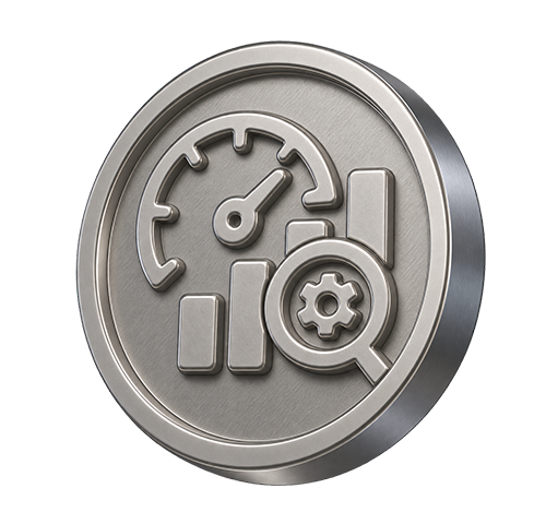 Metallic coin featuring a gauge, chart, and gear, symbolizing performance tracking, optimization, and continuous improvement in financial systems