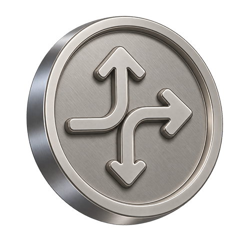 Metallic coin with four directional arrows, symbolizing smart transaction routing and fallback logic in payment systems.