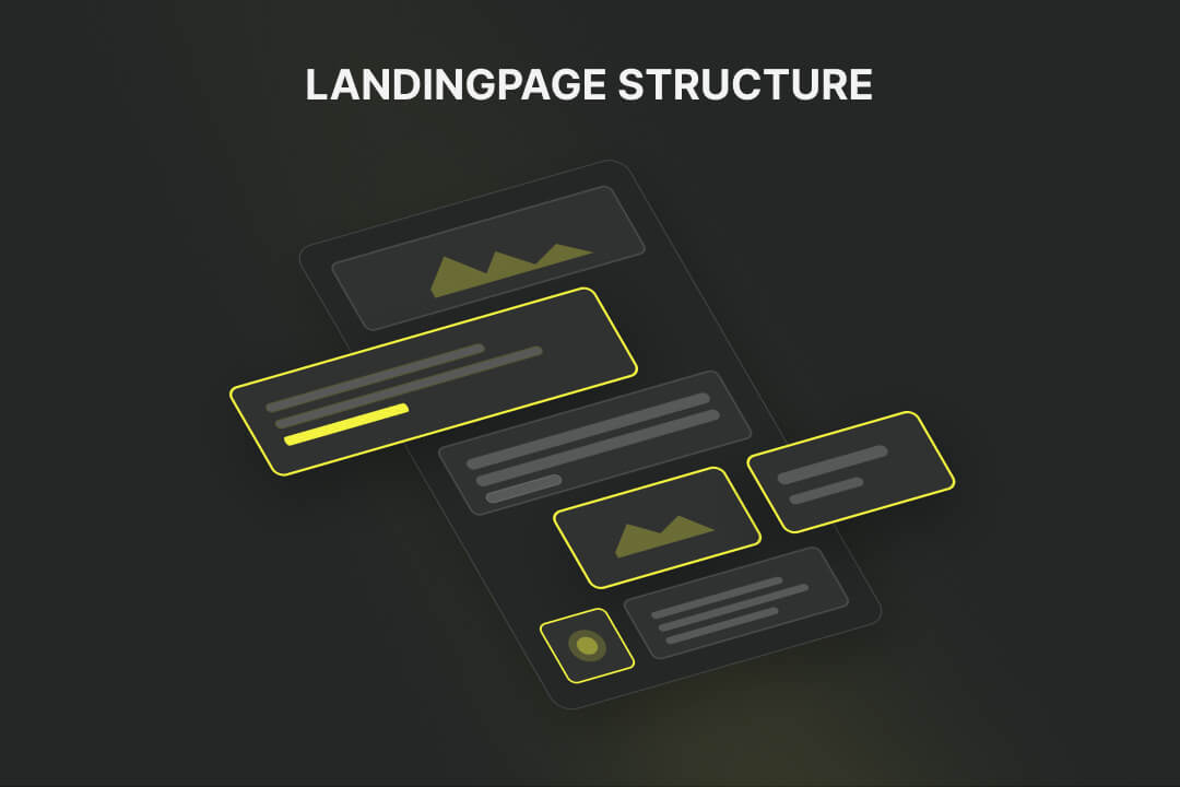 Eine abstrakte 3D-Illustration mit dem Titel „LANDINGPAGE STRUCTURE“ auf dunklem Hintergrund. Sie zeigt ein stilisiertes Wireframe eines Website-Layouts mit schwebenden UI-Elementen, darunter Platzhalter für Bilder und Textblöcke, die mit leuchtend limettengrünen Umrissen hervorgehoben sind.