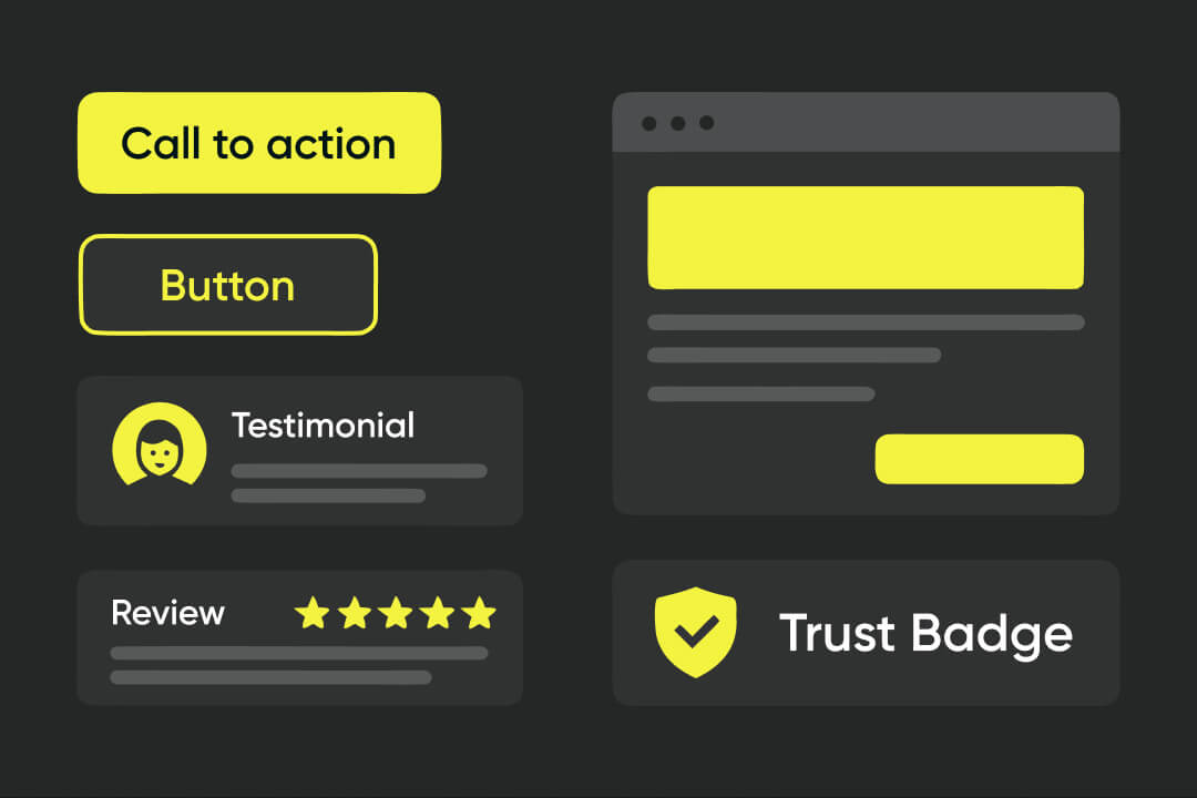 Eine flache grafische Illustration verschiedener Website-UI-Komponenten auf dunklem Hintergrund. Zu den Elementen gehören eine leuchtend gelbe „Call to action“-Schaltfläche, ein umrandeter „Button“, ein „Testimonial“-Block mit Profilsymbol, ein „Review“-Bereich mit fünf gelben Sternen, das Mockup eines Browserfensters mit gelben Platzhaltern und ein „Trust Badge“ mit Schildsymbol.
