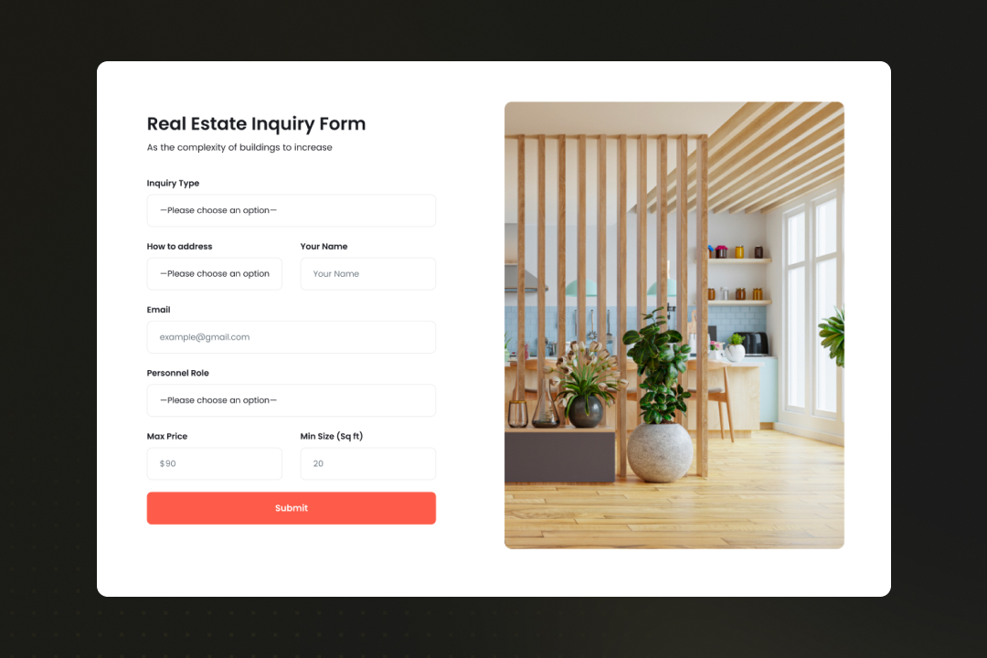 Screenshot eines Formulars für Immobilienanfragen mit Eingabefeldern für Kontaktdaten, Anfrageart und Budget sowie einem Bild einer modernen Innenraumgestaltung