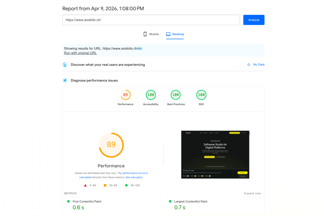 Screenshot eines Google Lighthouse Performance-Reports für eine Website mit Bewertung der Ladeleistung, Barrierefreiheit, Best Practices und SEO sowie detaillierten Leistungskennzahlen