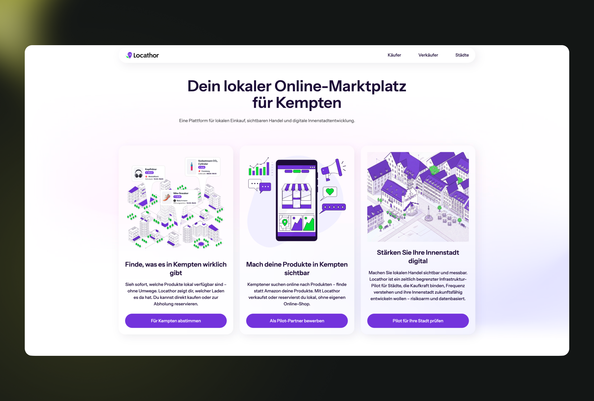 Screenshot einer Landingpage für einen lokalen Online-Marktplatz, der Funktionen wie Produktsuche, Händler-Sichtbarkeit und digitale Stadtentwicklung für Kempten präsentiert