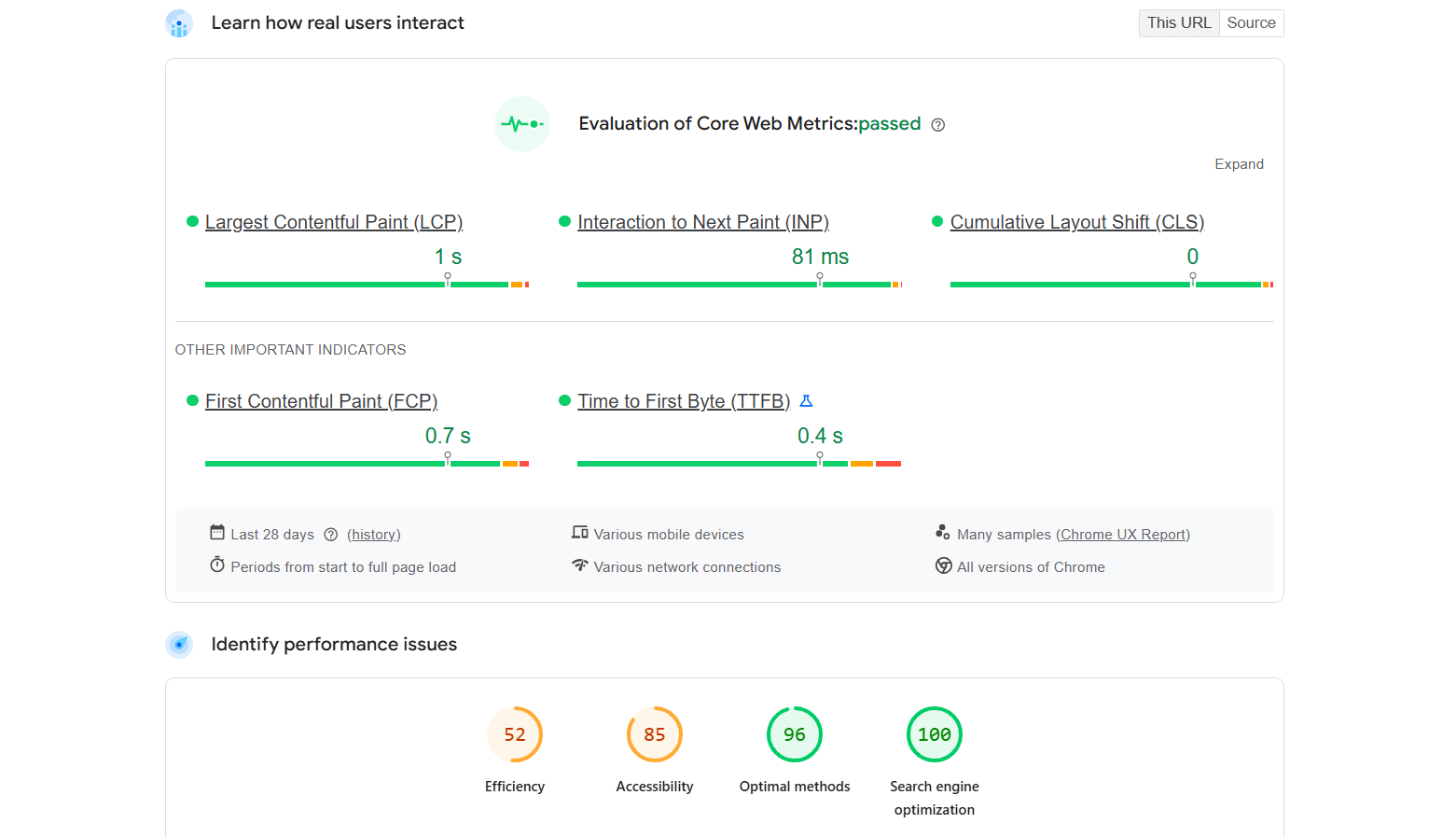 Screenshot einer Geschwindigkeitsanalyse mit Website-Performance-Kennzahlen — Axisbits Blog
