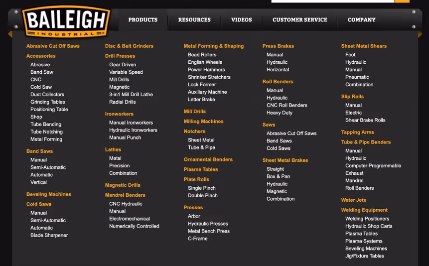 The original mega menu on the Baileigh Industrial website