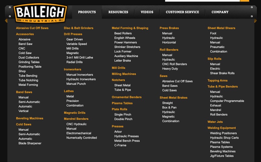 The original mega menu on the Baileigh Industrial website