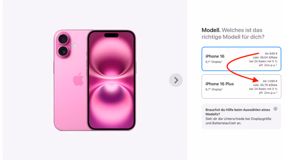 Apple.com-Produktseite mit Modellauswahl zwischen iPhone 16 und iPhone 16 Plus inklusive Preisangaben
