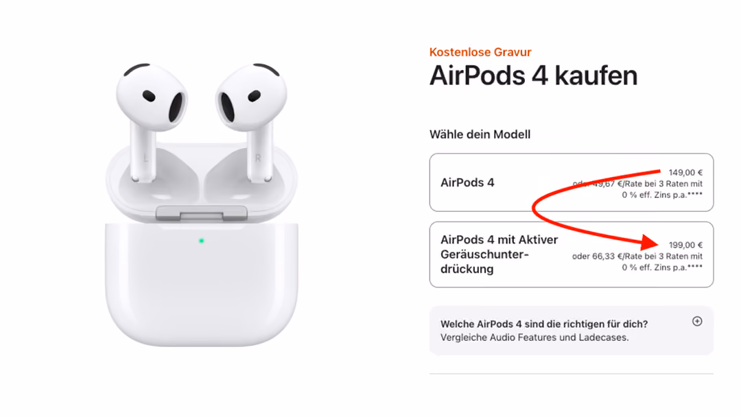 Apple.com AirPods 4-Seite mit Standardmodell und AirPods 4 mit Aktiver Geräuschunterdrückung als Upsell-Option