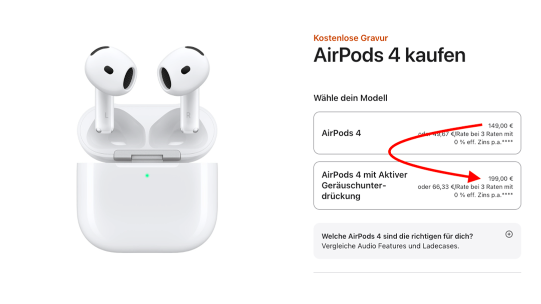 Apple.com AirPods 4-Seite mit Standardmodell und AirPods 4 mit Aktiver Geräuschunterdrückung als Upsell-Option