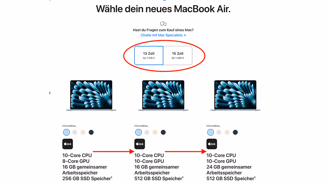 Apple.com MacBook Air-Seite mit Auswahl zwischen 13 und 15 Zoll sowie unterschiedlichen technischen Konfigurationen