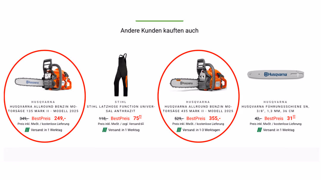 Motorland.de Produktseite mit dem Bereich 'Andere Kunden kauften auch' und hervorgehobenen höherwertigen Husqvarna-Motorsägen
