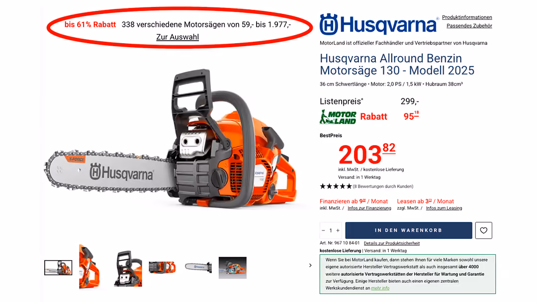 Motorland.de Produktseite einer Husqvarna-Motorsäge mit Listenpreis, Rabatt und BestPreis