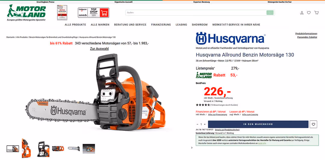 Produkseite auf der MotorLand-Website für die Husqvarna 130 Benzin-Motorsäge. Das Bild zeigt die orange-schwarze Motorsäge in der Seitenansicht mit dem reduzierten Preis von 226 Euro in roter Schrift.