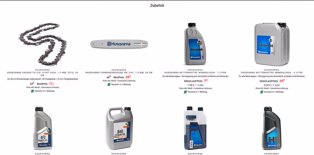 Eine Produktübersicht unter dem Titel „Zubehör“ mit Ersatzteilen und Ölen für Husqvarna Motorsägen. Zu sehen sind eine Sägekette, eine Führungsschiene sowie verschiedene Flaschen mit Mineral- und Bio-Kettenöl inklusive Preisen.