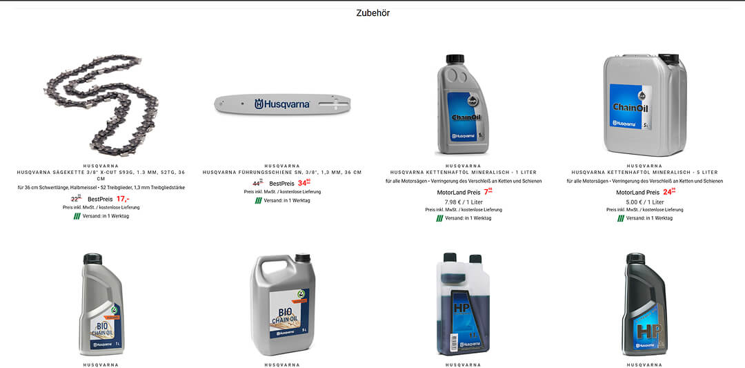 Eine Produktübersicht unter dem Titel „Zubehör“ mit Ersatzteilen und Ölen für Husqvarna Motorsägen. Zu sehen sind eine Sägekette, eine Führungsschiene sowie verschiedene Flaschen mit Mineral- und Bio-Kettenöl inklusive Preisen.