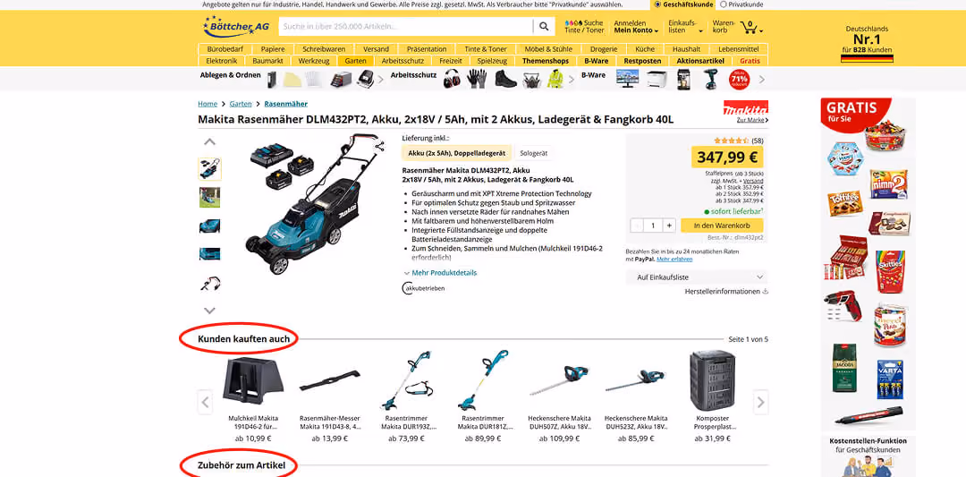 Webseite von Böttcher AG für einen Makita Akku-Rasenmäher (DLM432PT2) zum Preis von 347,99 Euro. Die Seite zeigt Produktdetails, ein Artikelfoto sowie Bereiche für Zubehör und Kundenempfehlungen