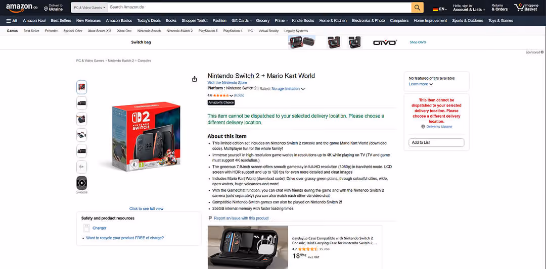 Amazon-Produktseite für ein „Nintendo Switch 2 + Mario Kart World“ Bundle. Zu sehen sind die Produktverpackung, eine 5-Sterne-Bewertung und eine Beschreibung, die 4K-Unterstützung und 256 GB Speicher hervorhebt. Ein roter Warnhinweis besagt, dass der Artikel nicht an den gewählten Standort geliefert werden kann.