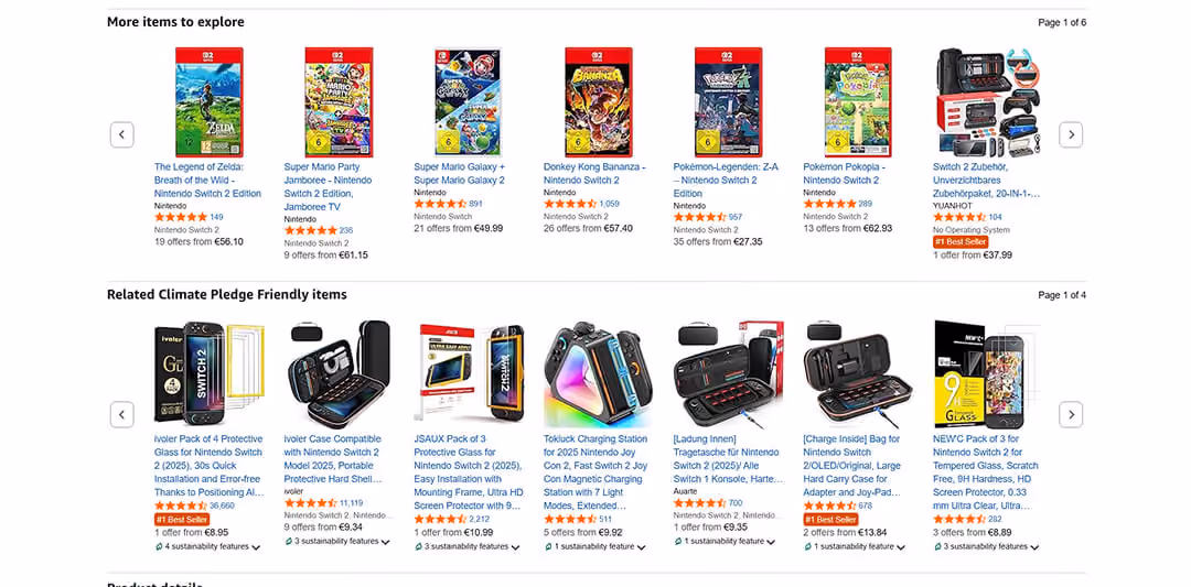 Amazon-Bereiche „More items to explore“ und „Related Climate Pledge Friendly items“. Die obere Reihe zeigt verschiedene Nintendo Switch 2 Spiele wie Zelda und Super Mario, während die untere Reihe Zubehör wie Schutzfolien, Taschen und Ladestationen präsentiert.