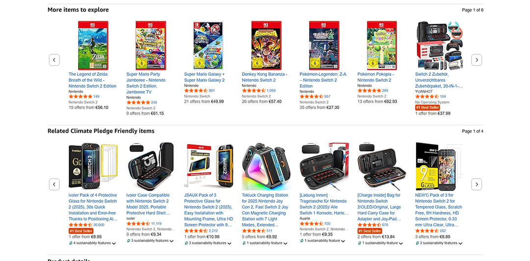 Amazon-Bereiche „More items to explore“ und „Related Climate Pledge Friendly items“. Die obere Reihe zeigt verschiedene Nintendo Switch 2 Spiele wie Zelda und Super Mario, während die untere Reihe Zubehör wie Schutzfolien, Taschen und Ladestationen präsentiert.