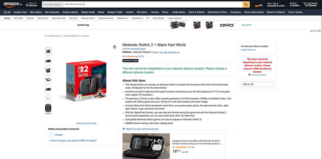 Amazon product page for a Nintendo Switch 2 and Mario Kart World bundle, showing the product box, a 5-star rating and a description highlighting 4K support and 256 GB memory
